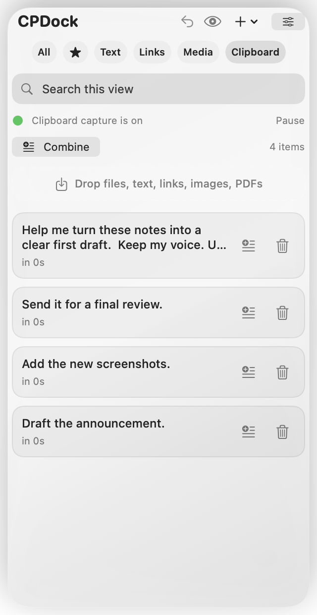 Real CPDock Clipboard history with sample recent copies