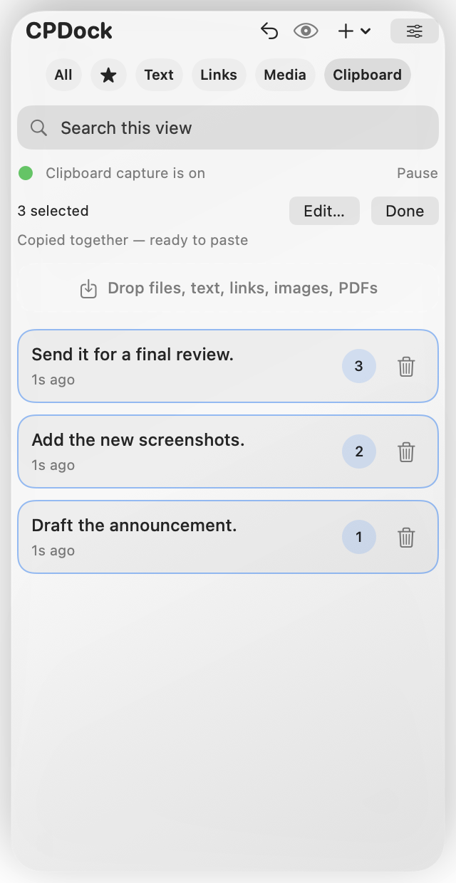 Real CPDock Combine view with three selected copies