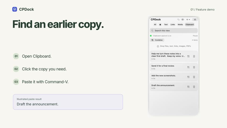 CPDock clipboard history demonstration with sample content