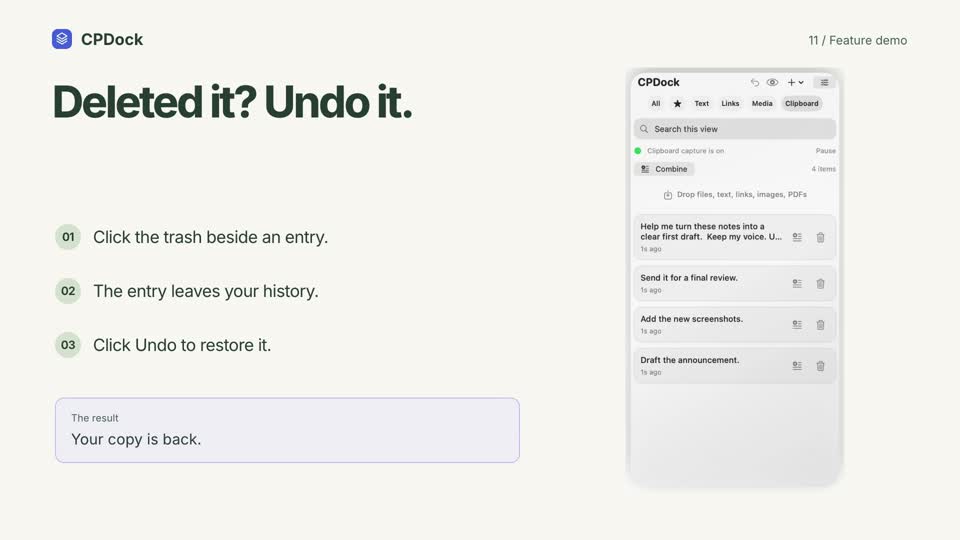 CPDock delete undo demonstration with sample content