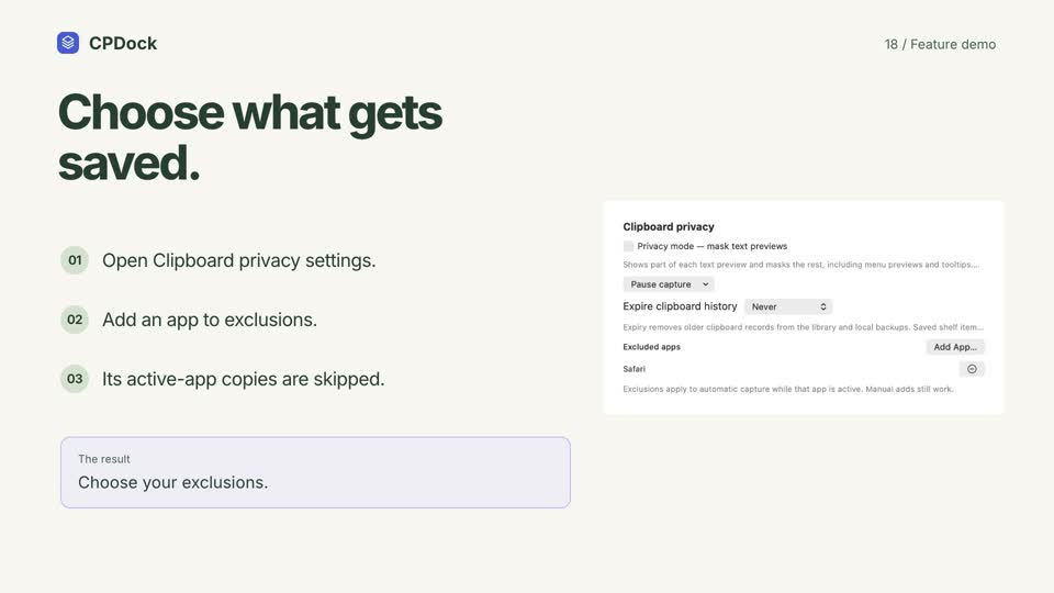 CPDock exclude apps demonstration with sample content