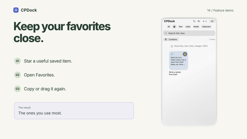 CPDock favorites demonstration with sample content