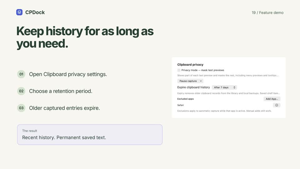CPDock history expiry demonstration with sample content
