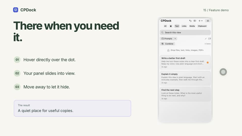CPDock hover panel demonstration with sample content