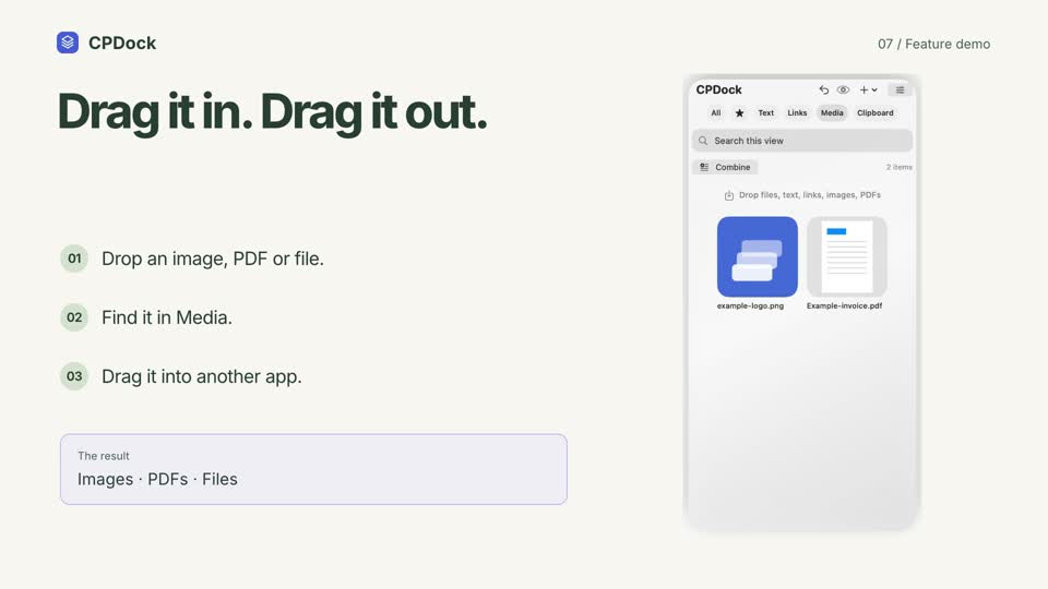 CPDock media shelf demonstration with sample content