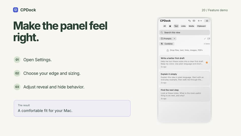 CPDock panel settings demonstration with sample content