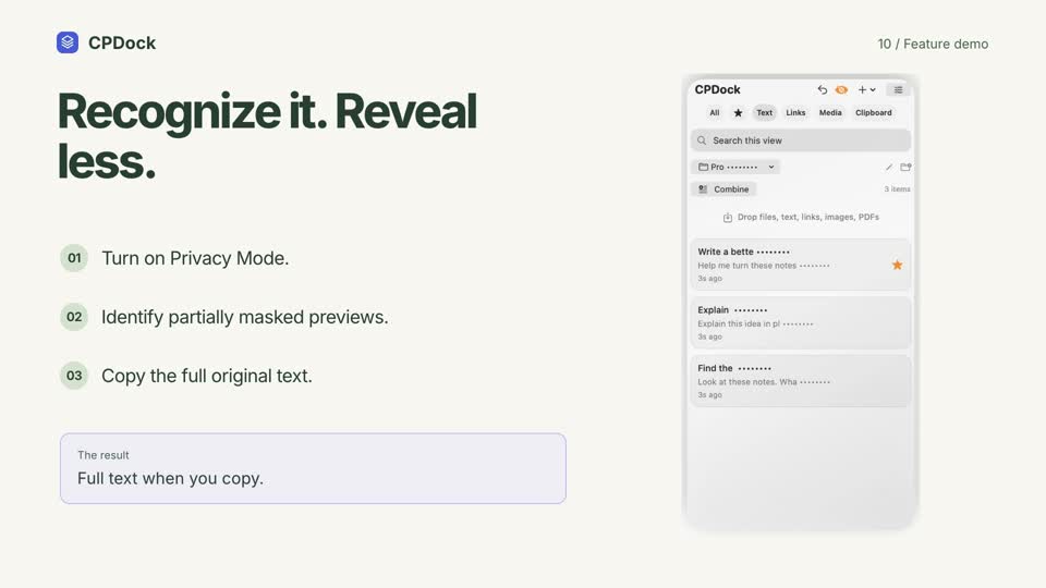 CPDock privacy mode demonstration with sample content