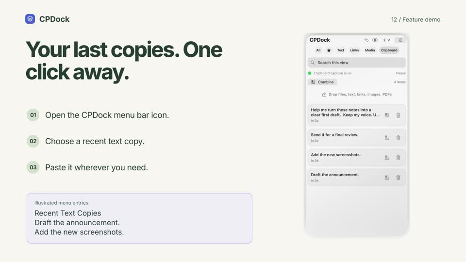 CPDock recent menu demonstration with sample content