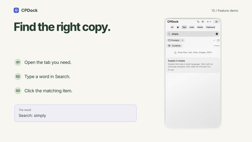 CPDock search demonstration with sample content