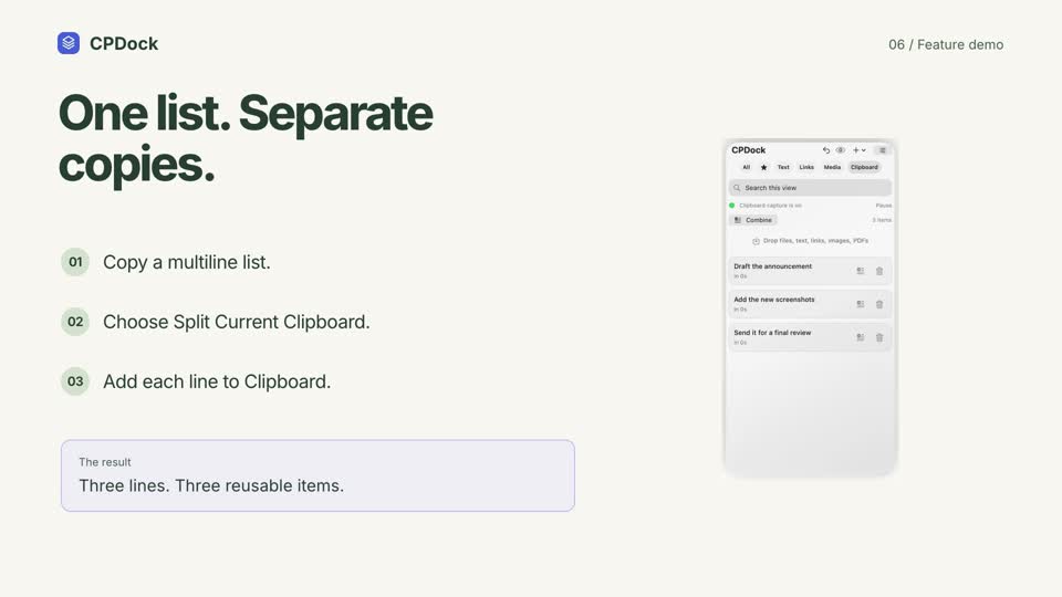 CPDock split demonstration with sample content