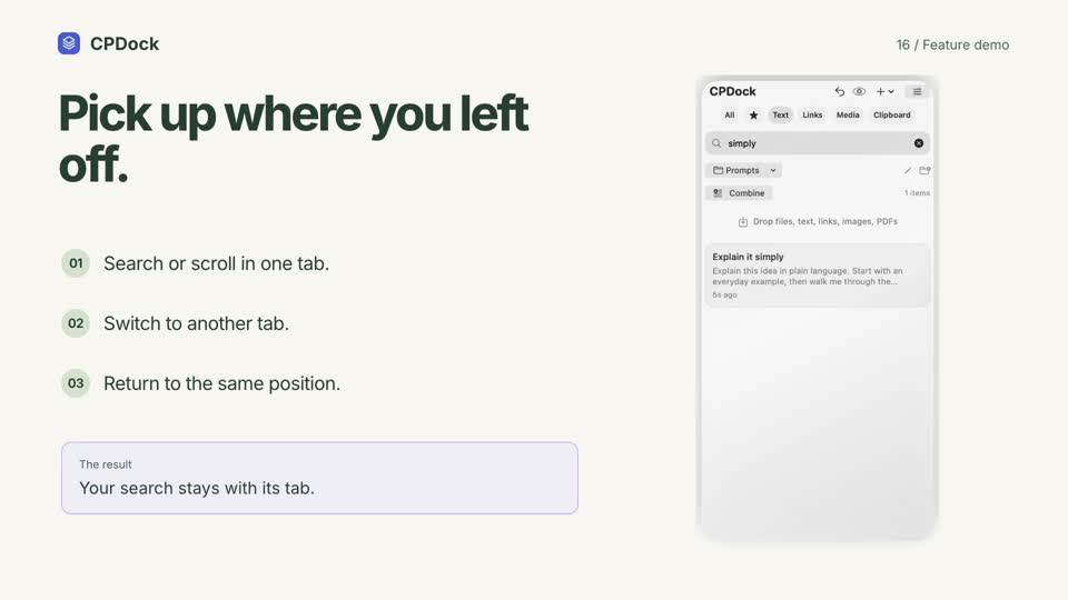 CPDock tab memory demonstration with sample content