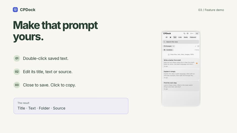 CPDock text editor demonstration with sample content