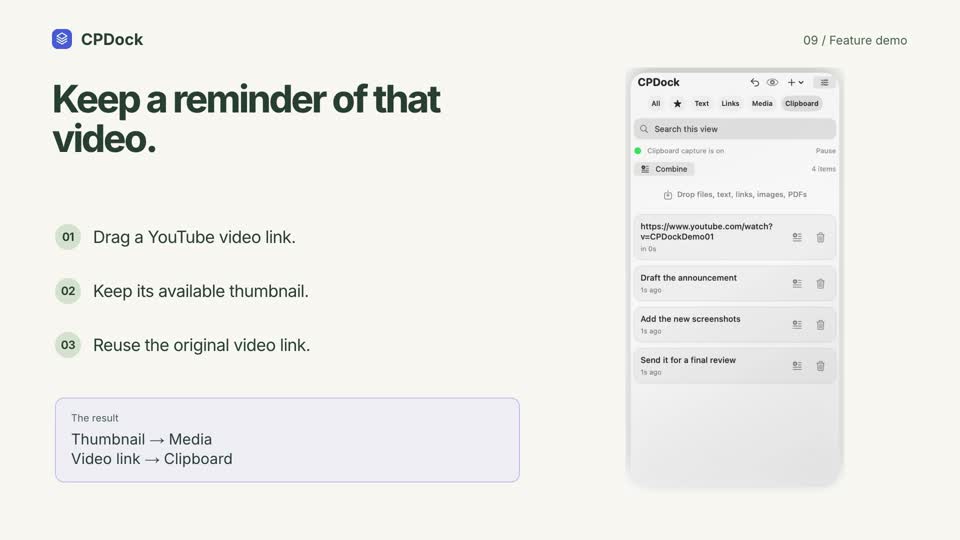 CPDock youtube thumbnail demonstration with sample content