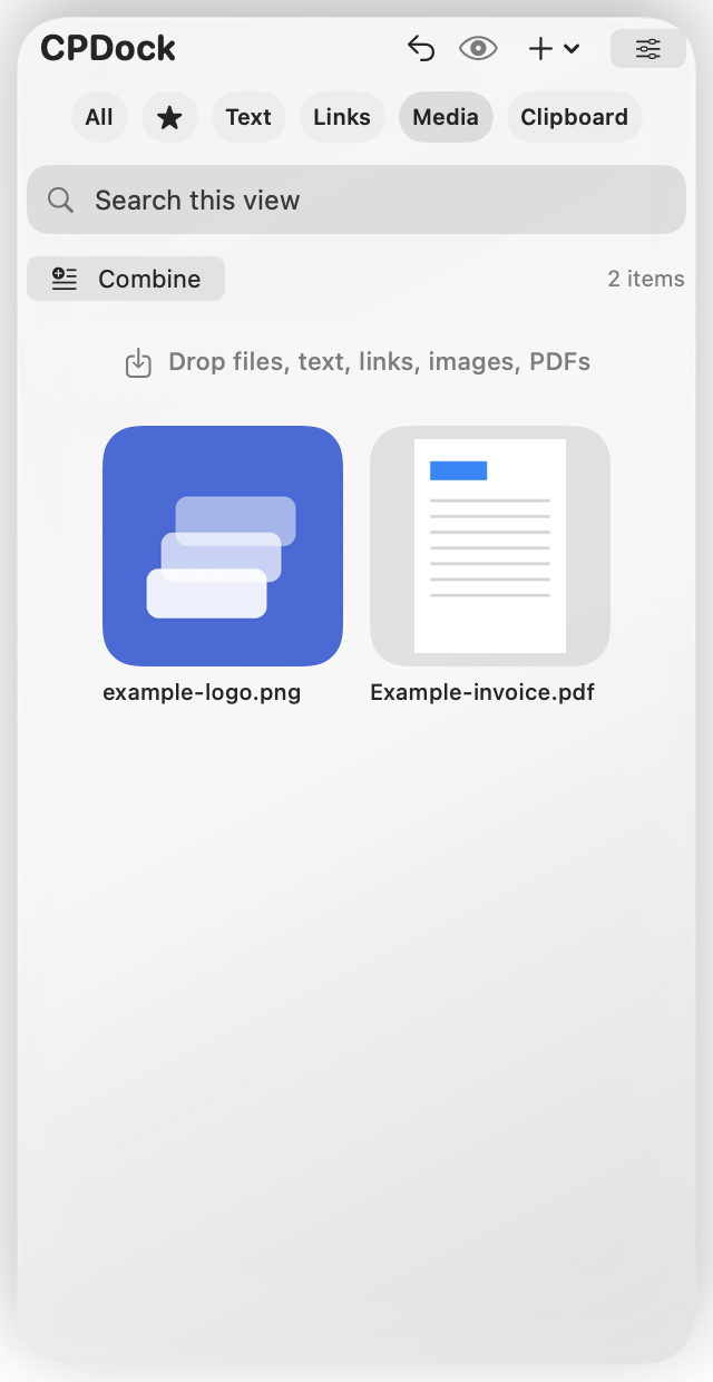 Real CPDock Media tab showing an image and a PDF preview