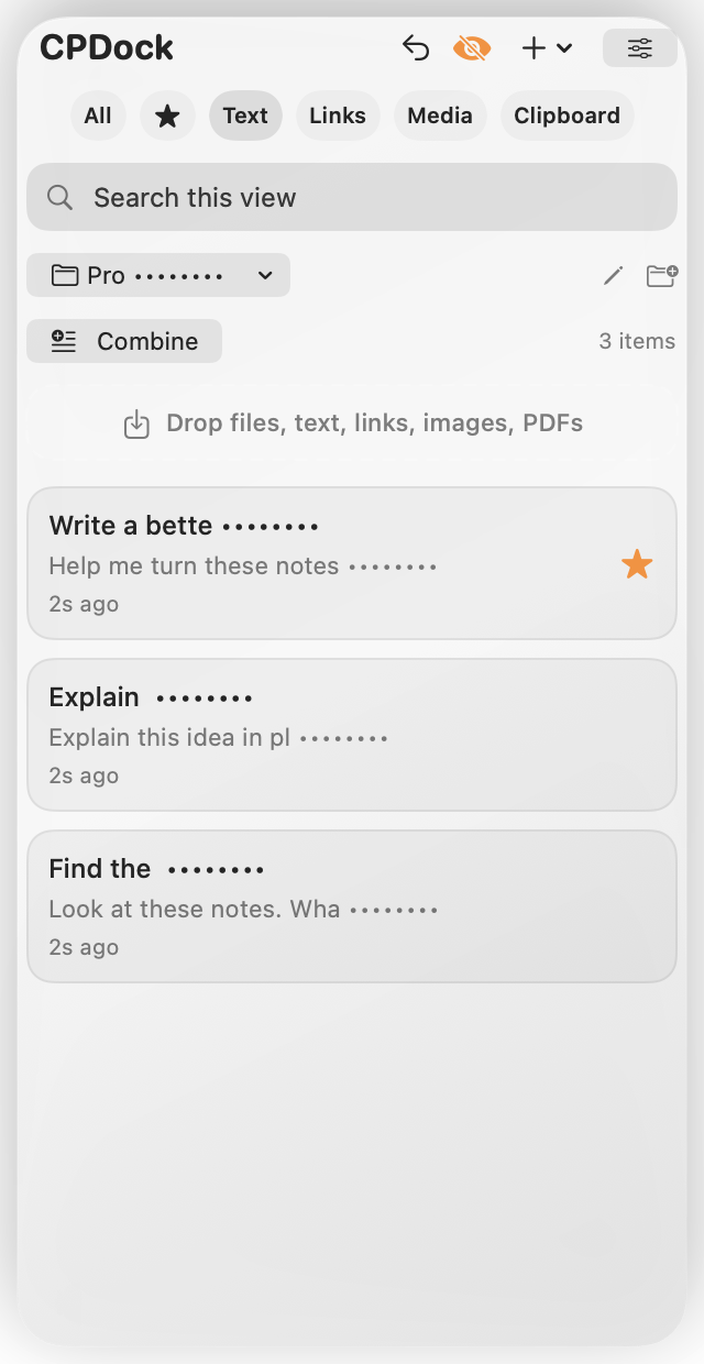 Real CPDock Privacy Mode with parts of text previews masked
