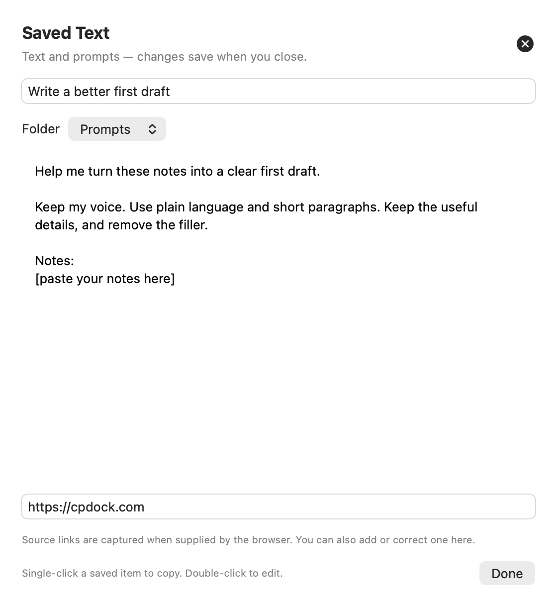 Real CPDock saved-text editor with title, folder, editable prompt and optional source link