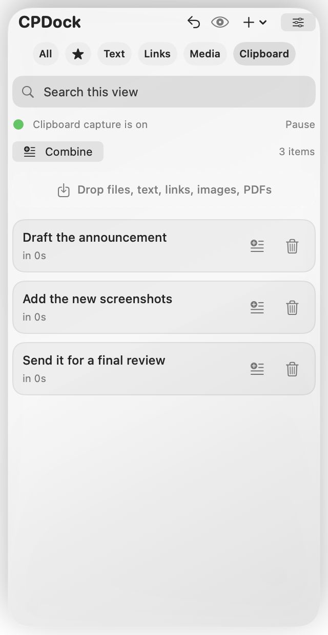 Real CPDock Clipboard view showing a list split into separate items
